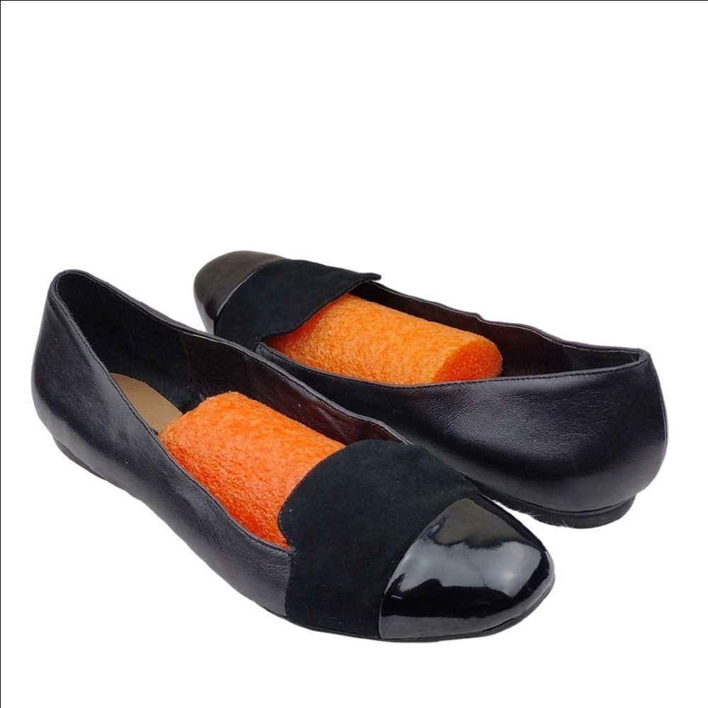 Tahari Indiana Black Leather Patent Leather Square Toe Cap Slip On Flat Shoe